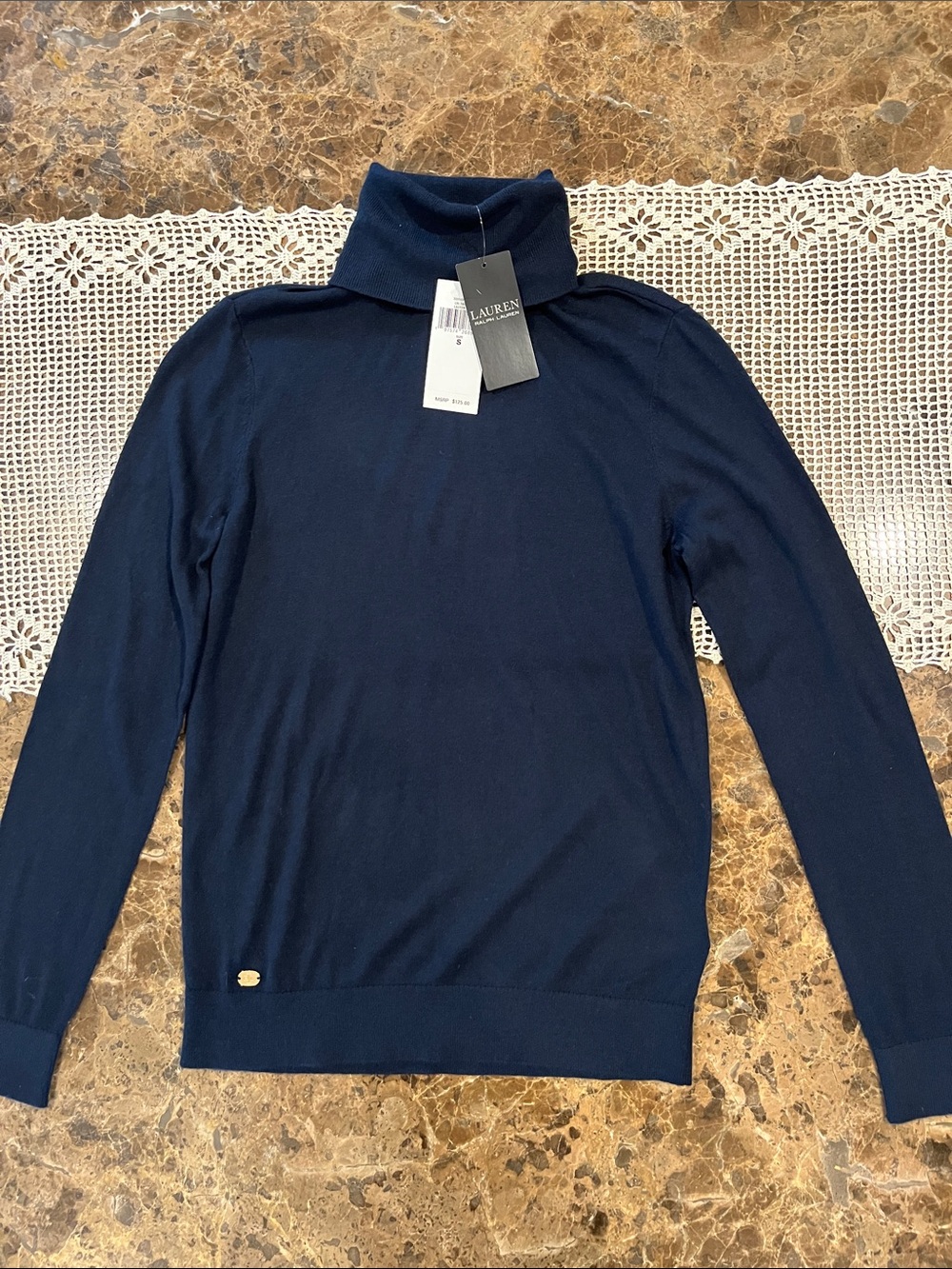 🆕 Lauren Ralph Lauren Knit Silk Blend Turtleneck Sweater size S Lauren Navy